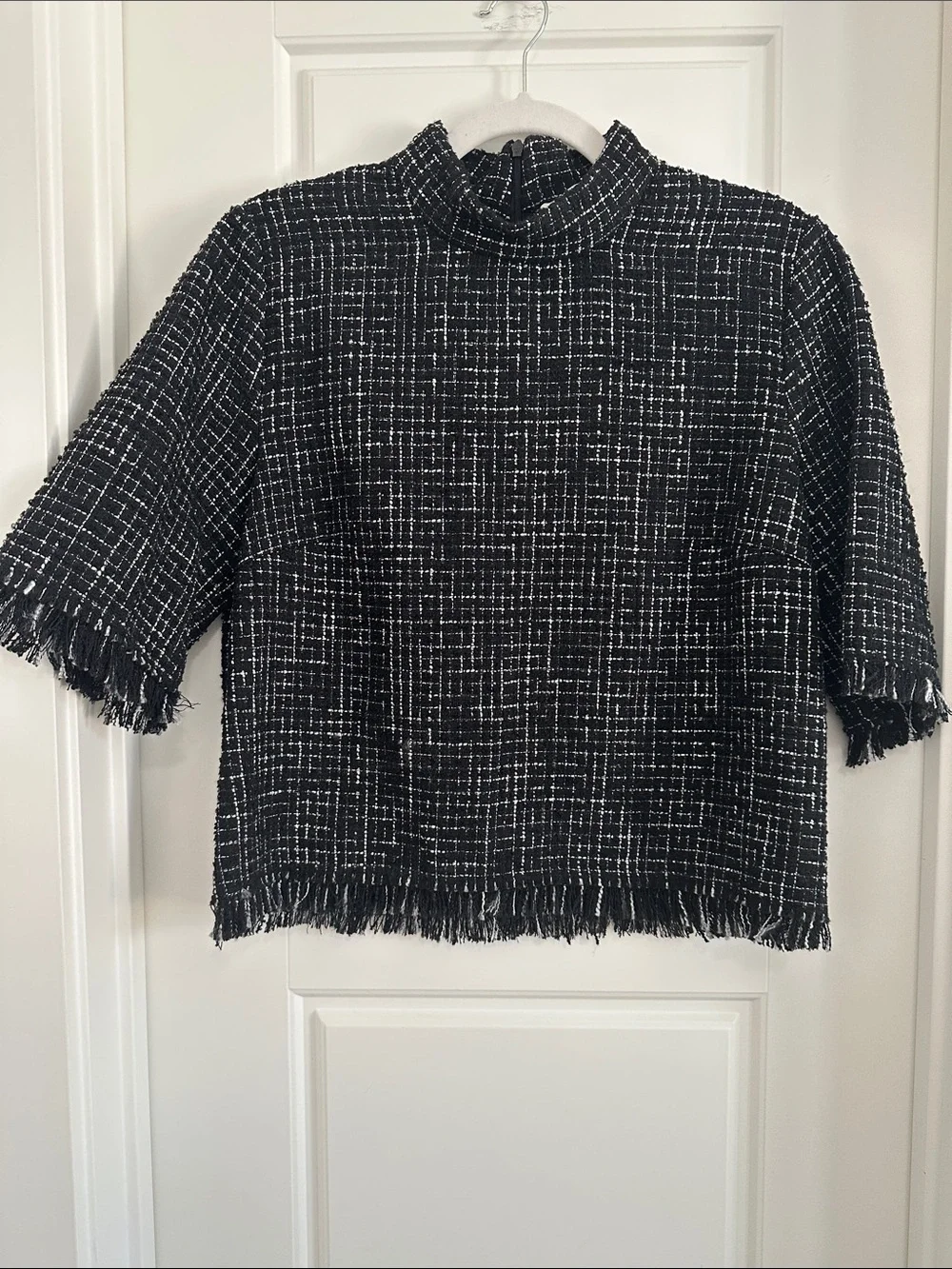 ZARA Black White Frayed Textured Tweed Plaid Short Sleeve Blouse Top L